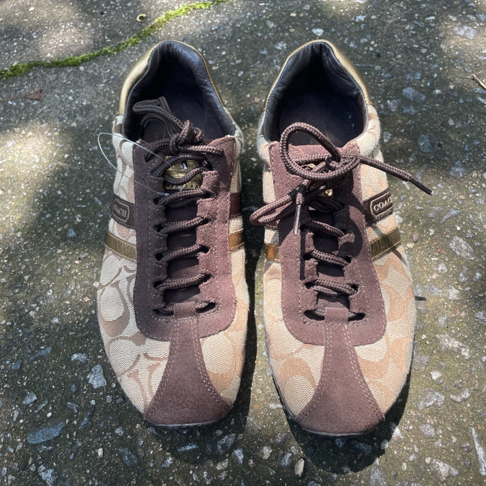 LIKE NEW Coach Monogram Canvas & Suede Sneakers, Brown & Beige, Women’s Size 7.5